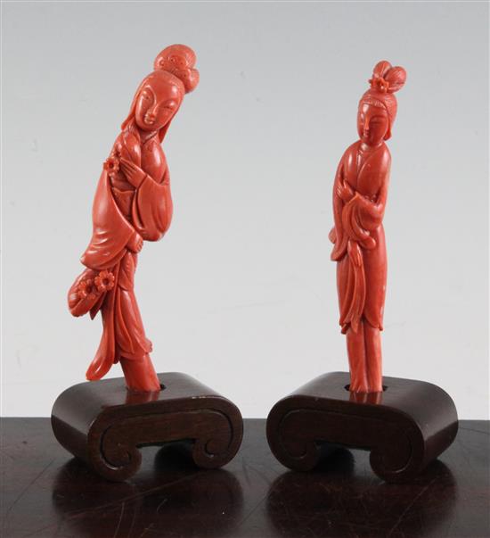 Two Chinese tall coral figures of ladies, 15.5cm & 16.2cm incl. wood stands
